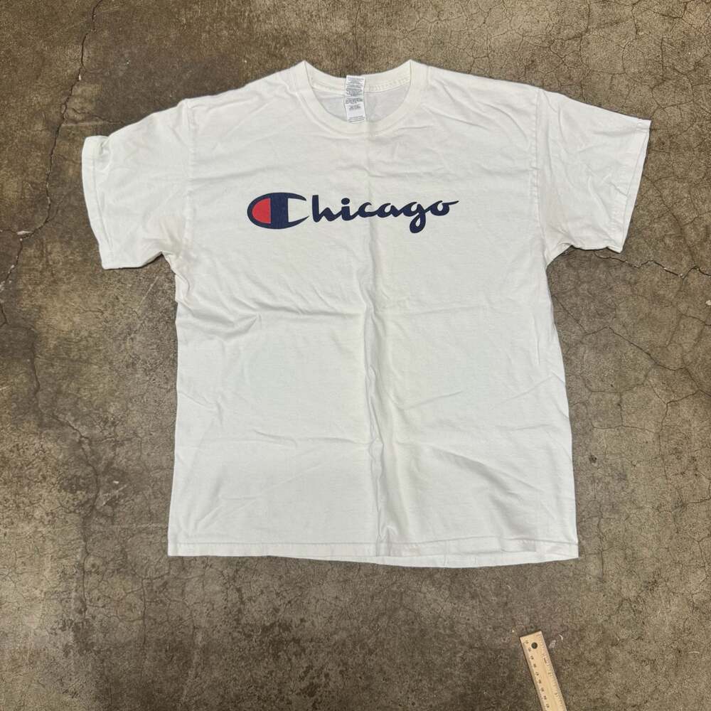 Champion White Chicago Script Logo Heavy Cotton T-Shirt